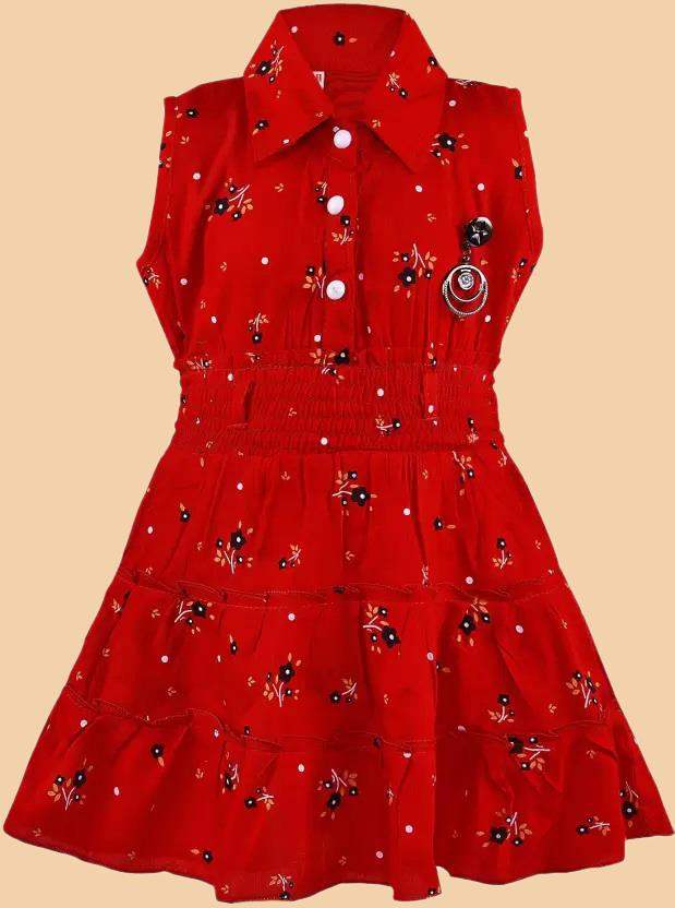 Girls Red Floral Tiered Shirt Dress