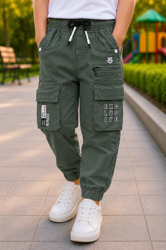 Boys Cotton Denim Cargo Joggers Printed Pants
