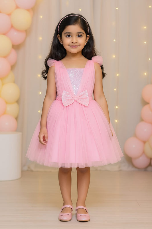 Girls Solid Embellished Pink Net Dress