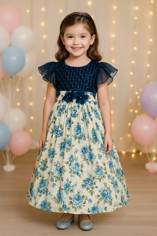 Girls Floral Embellished Printed Party Dress