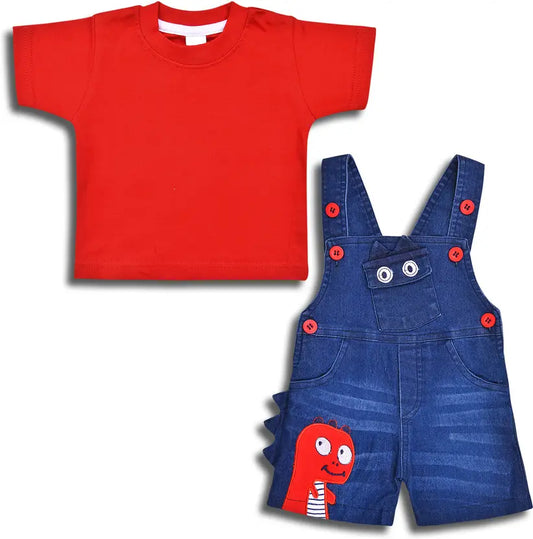 Boys Cartoon Cotton Tshirt and Denim Dungaree Set