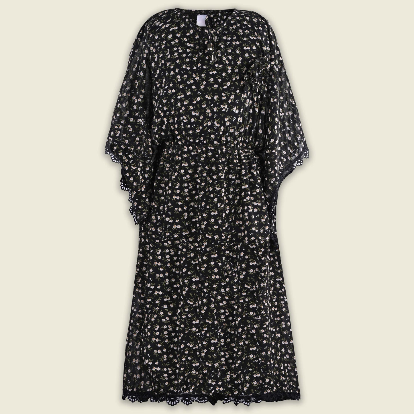Girls Floral Print Kaftan Style Casual Dress with Lace Detailing