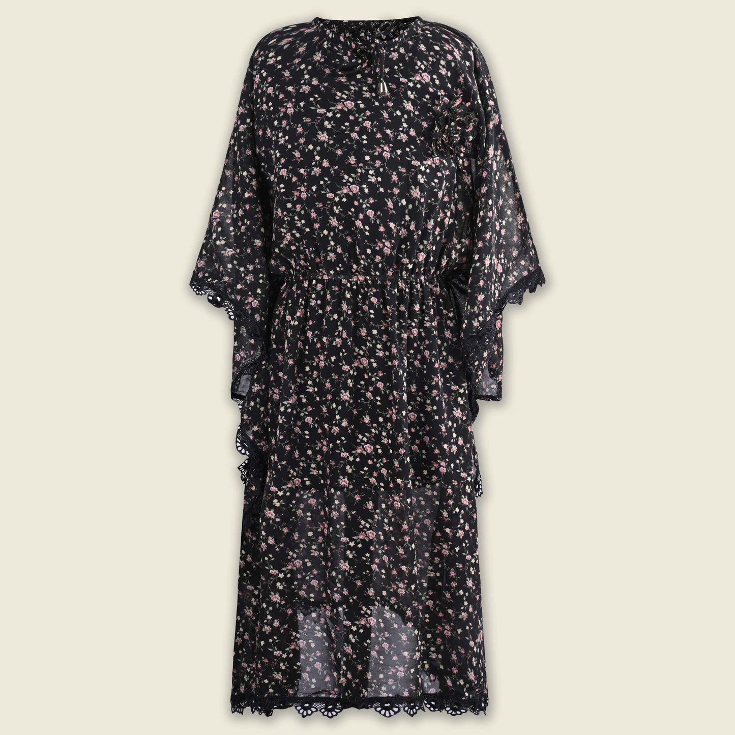 Girls Floral Print Kaftan Style Casual Dress with Lace Detailing
