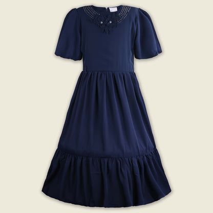 Girls Floral Applique Solid Tiered Casual Dress