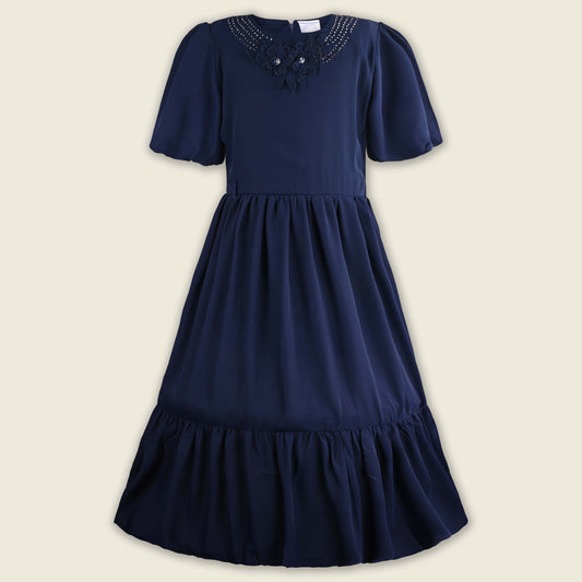 Girls Floral Applique Solid Tiered Casual Dress