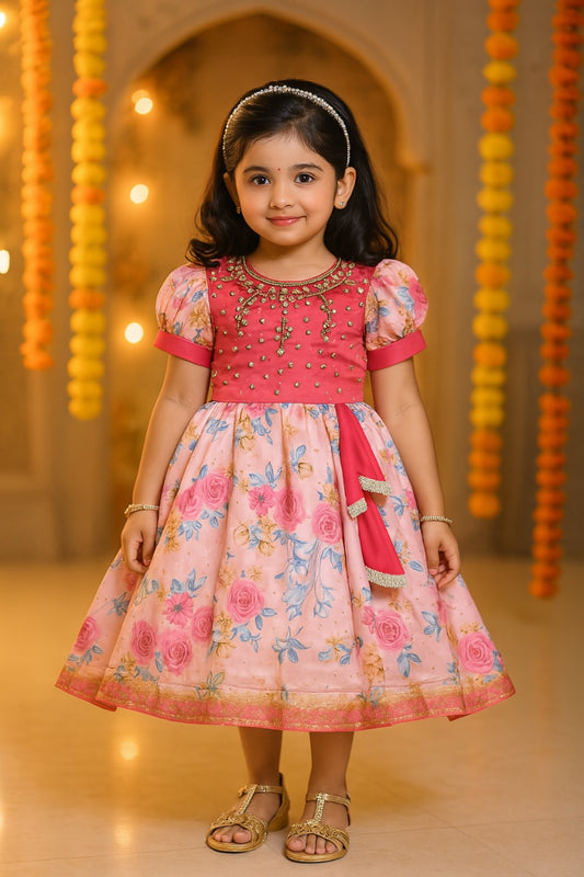 Girls Floral Printed Bead Embellished Ethnic Dress