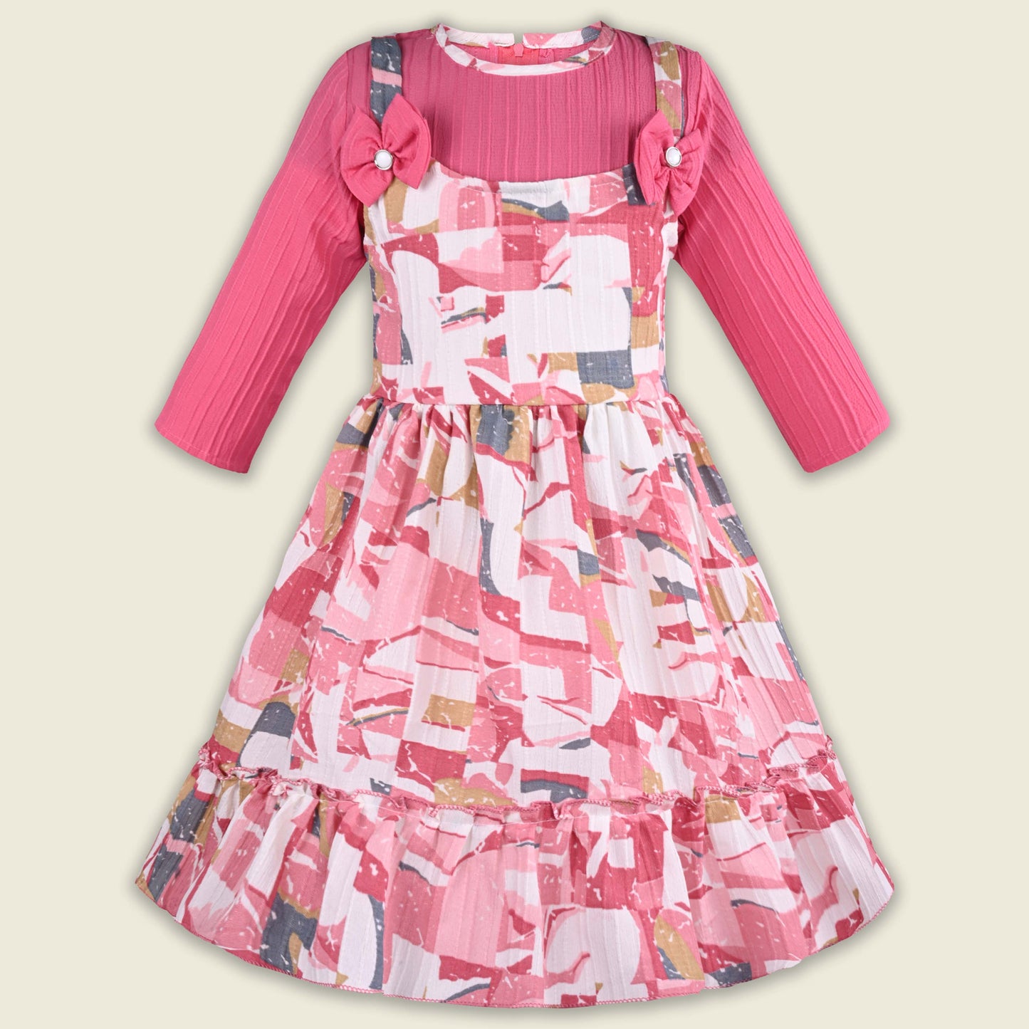 Girls Abstract Print T-shirt and Pinafore Dungaree Dress Set
