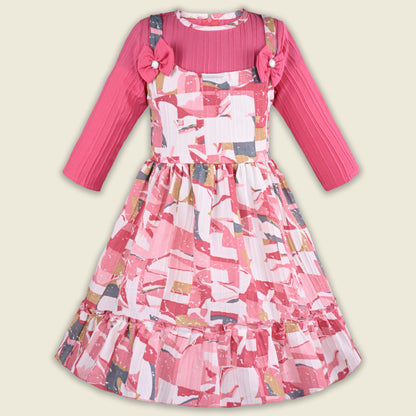 Girls Abstract Print T-shirt and Pinafore Dungaree Dress Set