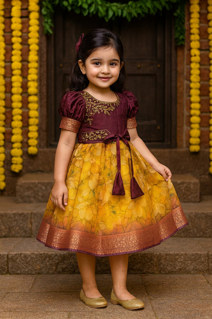 Girls Bead Embellished Floral Zari Ethnic Dress fep3529