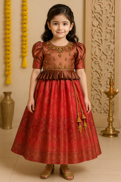 Girls Woven Zari Printed Bead Embellished Ethnic Dress