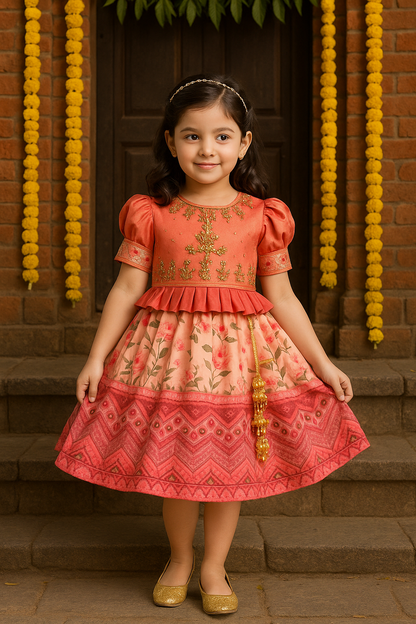 Girls Bead Embellished Printed Silk Ethnic Dress
