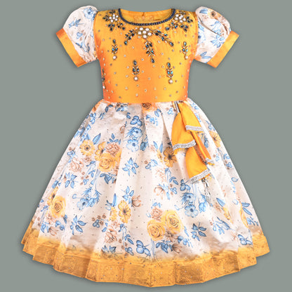 Girls Floral Printed Bead Embellished Ethnic Dress