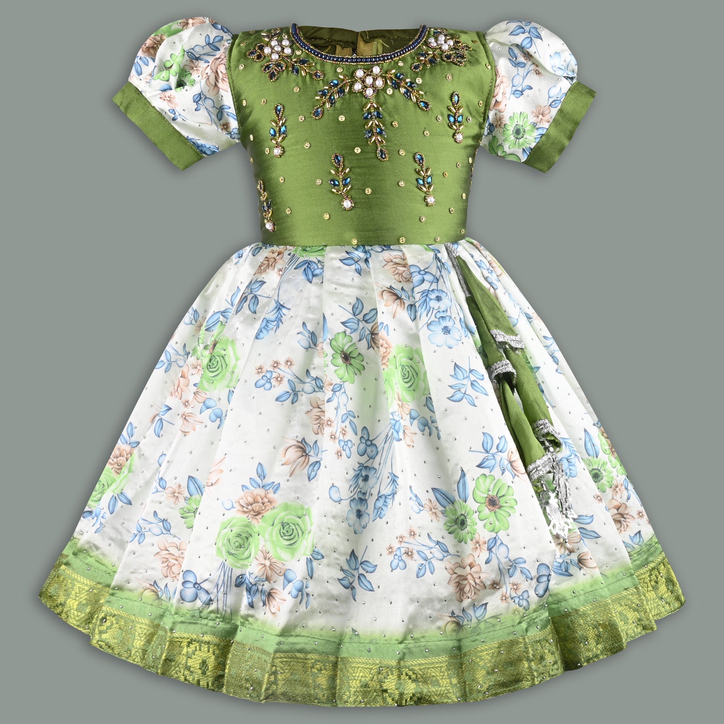 Girls Floral Printed Bead Embellished Ethnic Dress