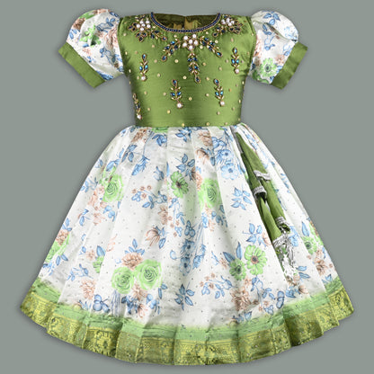 Girls Floral Printed Bead Embellished Ethnic Dress