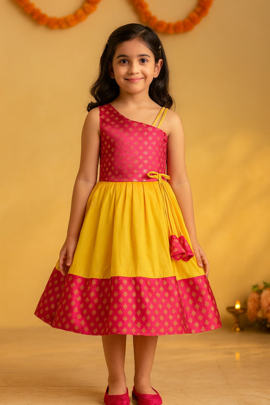 Girls One Shoulder Satin Flared Ethnic Dress