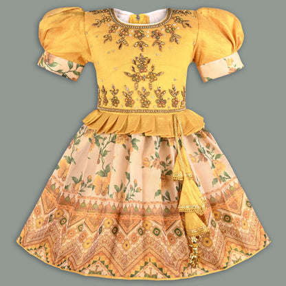 Girls Bead Embellished Printed Silk Ethnic Dress