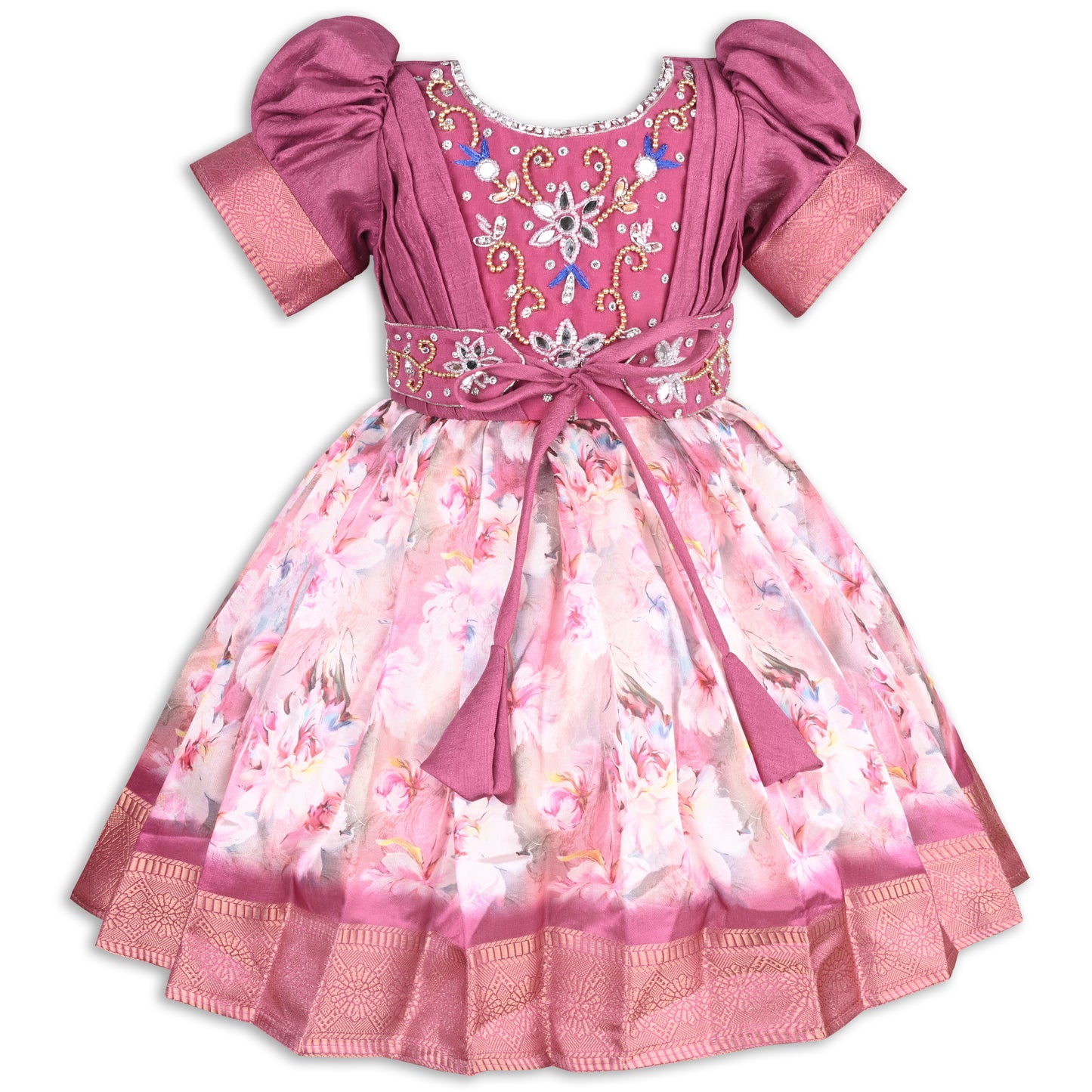 Girls Bead Embellished Zari Border Ethnic Dress