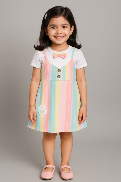 Girls Pastel Striped Print Dress with Briefs Set