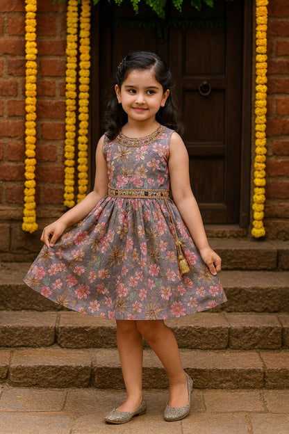 Girls Floral Chiffon Summer Dress with Mirror Work Festive Wear