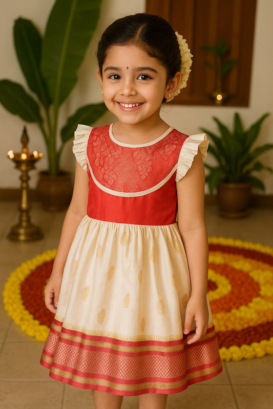 Baby Girls Woven Zari with Motifs Ethnic Frock Dress – Onam Special