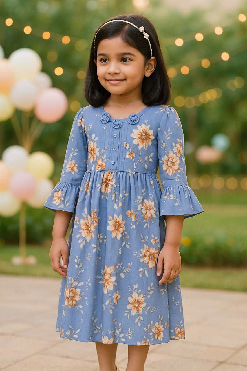 Girls Bell Sleeve Floral Print Fit and Flare Frock Dress