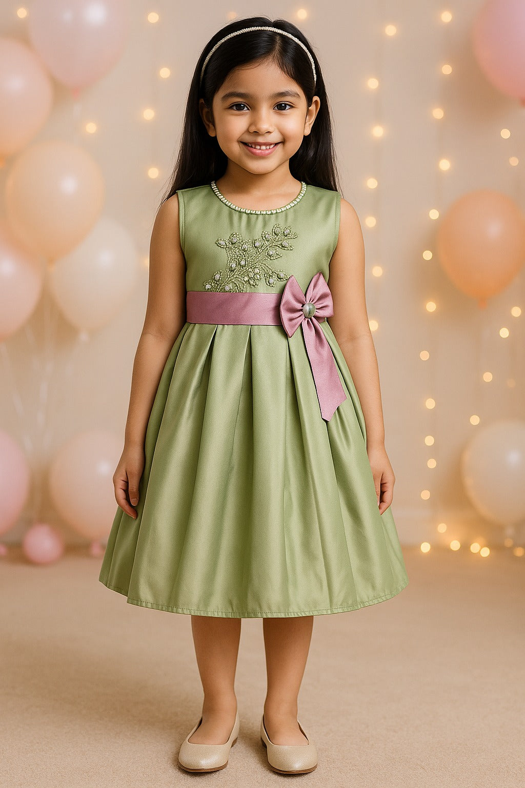 Girls Pleated Bow Pearl Embellished Party Dress
