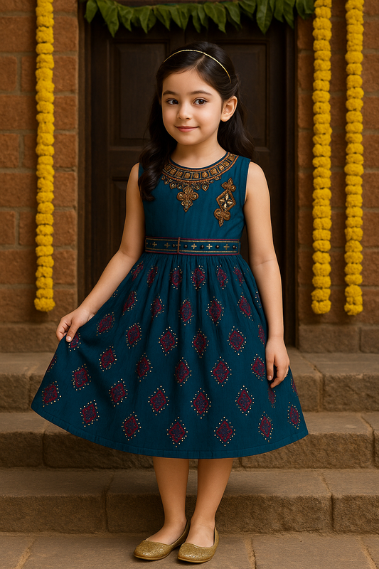 Girls Embellished and Printed Ethnic Dress with Attached Duppata