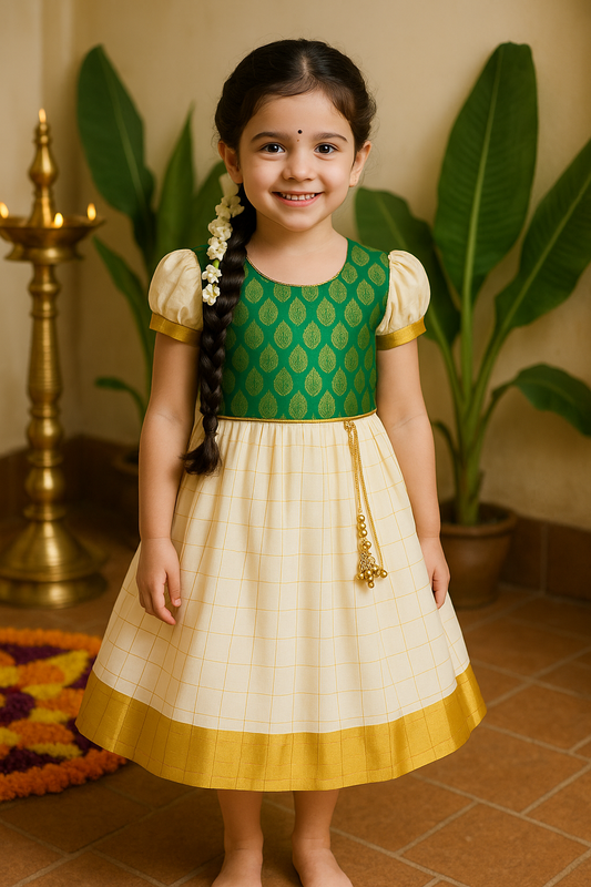 Baby Girls Onam Art Silk Pattu Dress with Puff Sleeves & Golden Zari Border