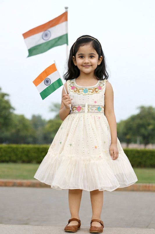 Beautiful White Georgette Sleeveless Baby Girl Dress with Embroidered Floral Pattern & Knee-Length Ruffle Hem