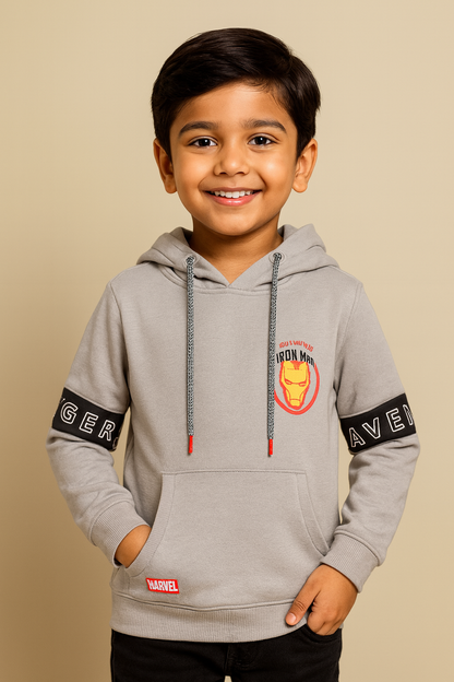 Boys Cotton Blend Marvel Hoodie | Iron Man Printed Hooded Sweatshirt with Avengers Sleeve Design