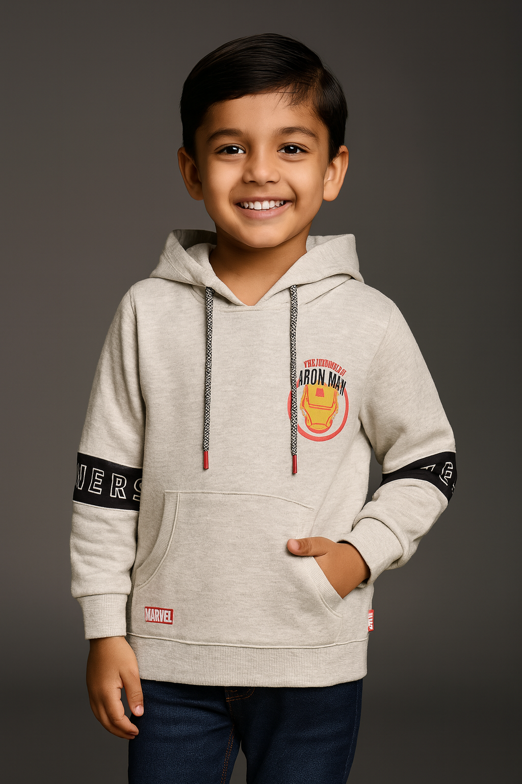 Boys Cotton Blend Marvel Hoodie | Iron Man Printed Hooded Sweatshirt with Avengers Sleeve Design