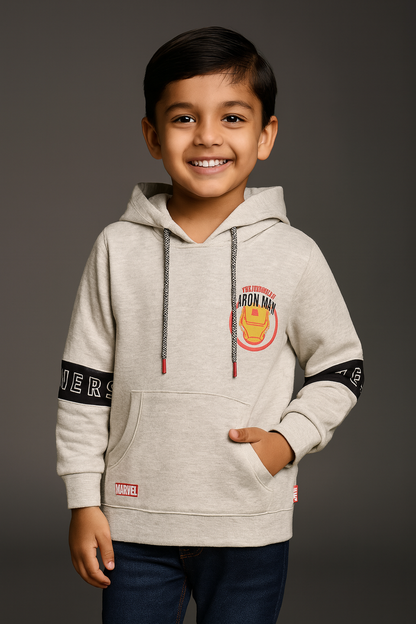 Boys Cotton Blend Marvel Hoodie | Iron Man Printed Hooded Sweatshirt with Avengers Sleeve Design