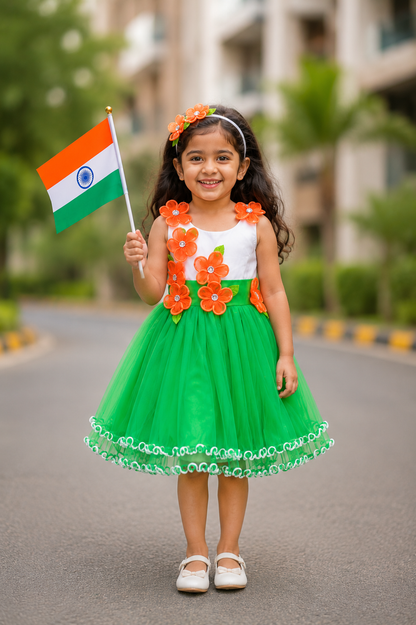 பெண்களுக்கான ஃபுளோரல் அப்ளிகே முக்கோண வண்ண குடியரசு தின சிறப்பு ஆடை