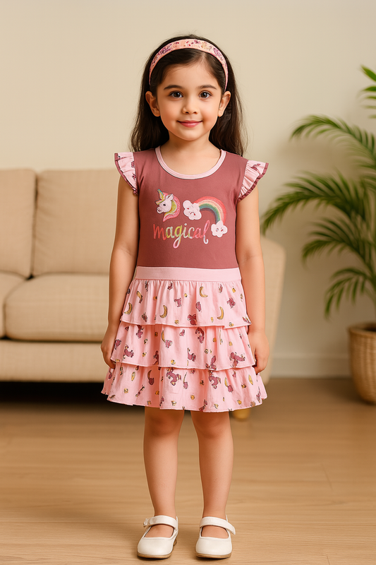 Girls Unicorn Layered Cotton Casual Dress