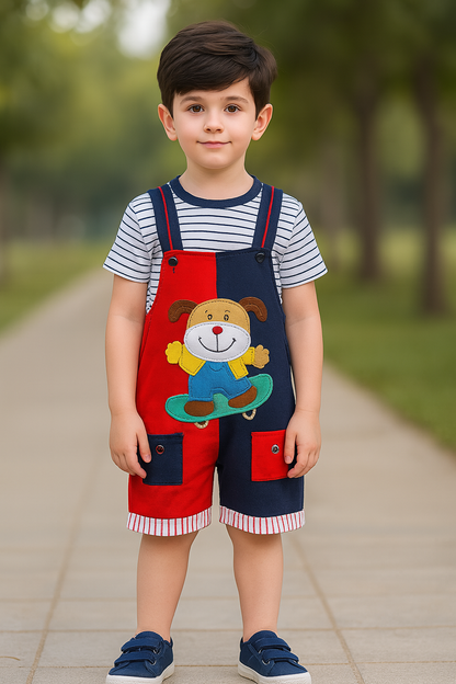 Boys Striped Printed Cotton Dungaree Set