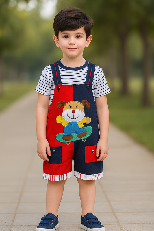 Boys Striped Printed Cotton Dungaree Set