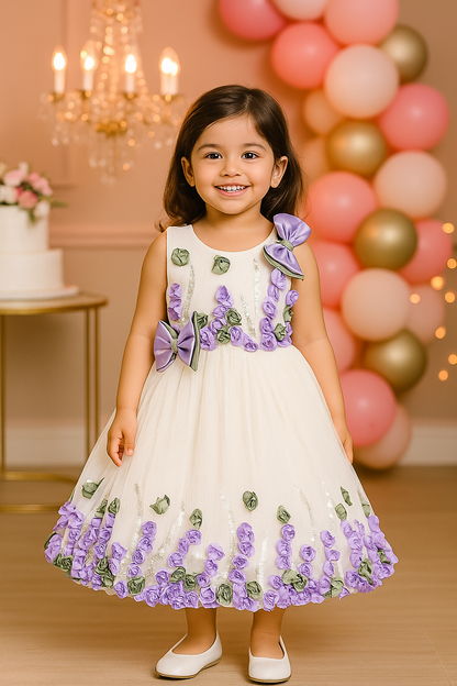 Girls Floral Bow Applique Sequined Net Party Dress