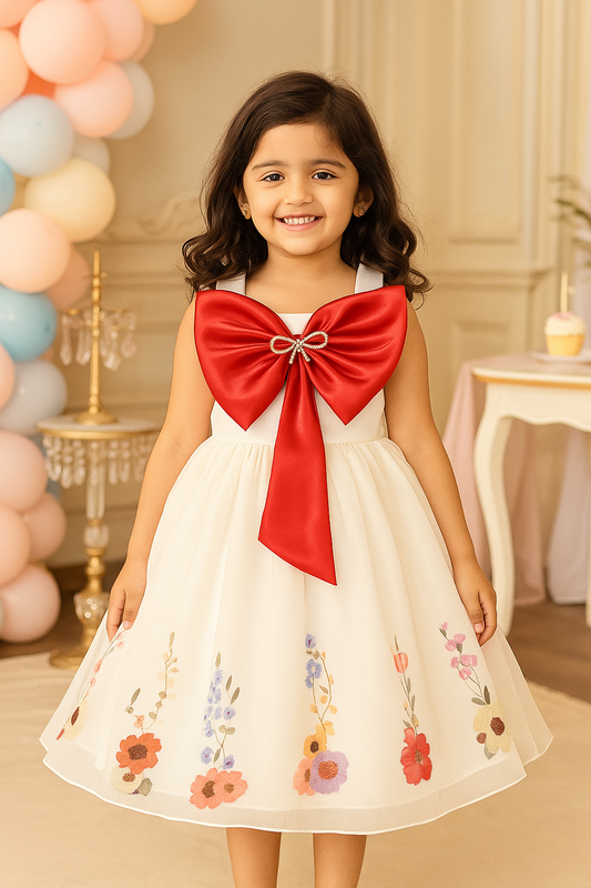 Girls Floral Print Elegant Bow Party Dress