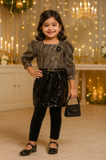 Girls Sequin Embellished Party Dress with Flared Sleeves & Belt