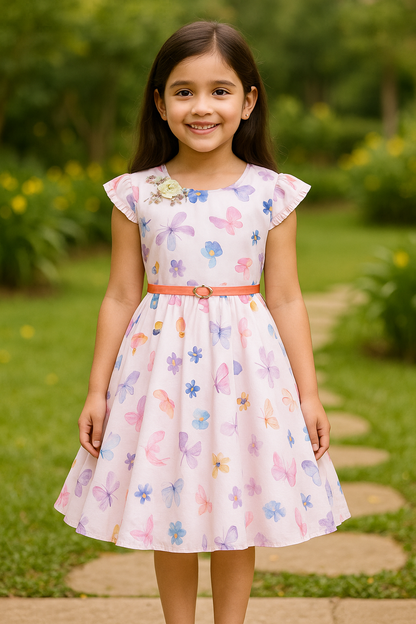 Girls Floral Print Cap Sleeve Fit and Flare Frock Dress