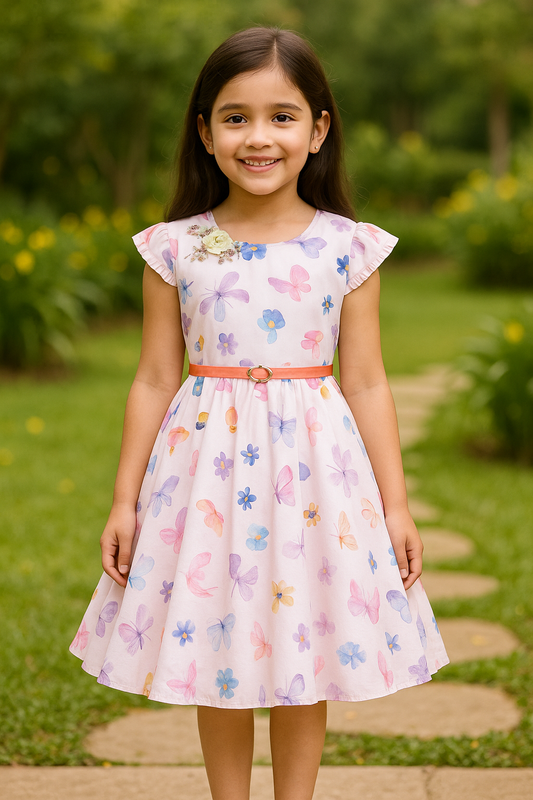 Girls Floral Print Cap Sleeve Fit and Flare Frock Dress