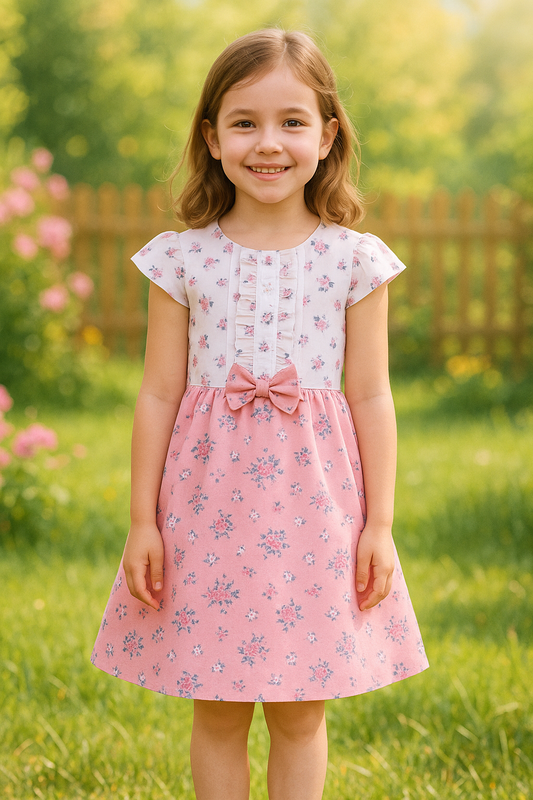 Girls Floral Print Frill Bow Casual Dress