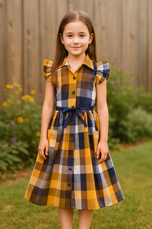 Girls Summer Cotton Checked Fit and Flare Frock Dress