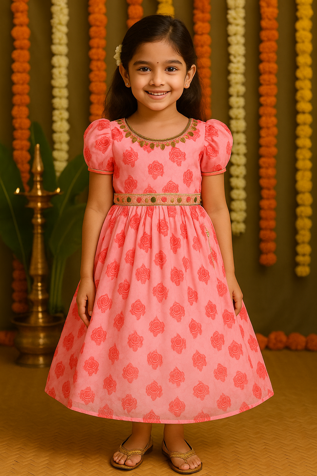 Girls Floral Printed Mirror Embellished Ethnic Dress