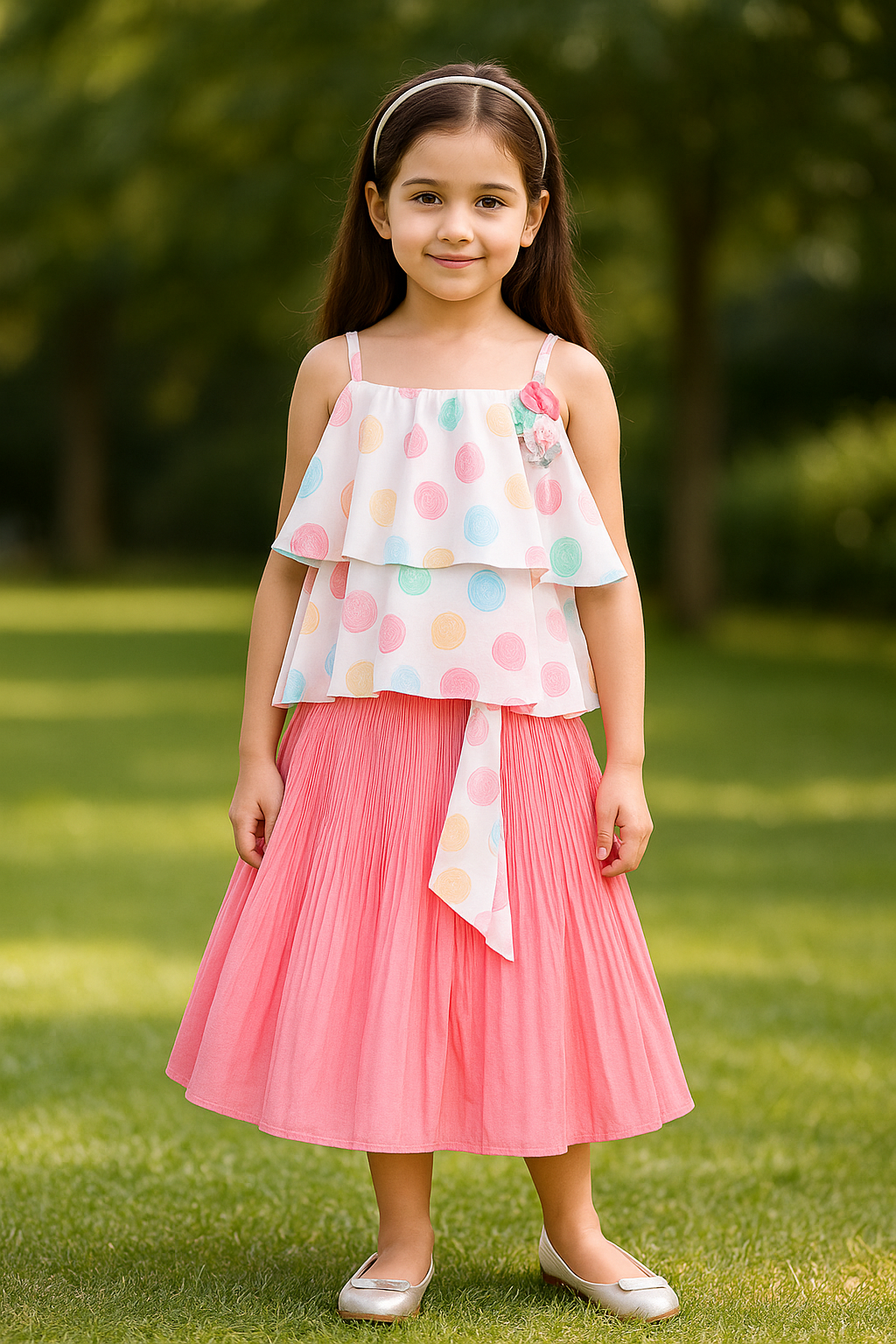 Girls Polka Print Embellished Peplum Top and Skirt Casual Set