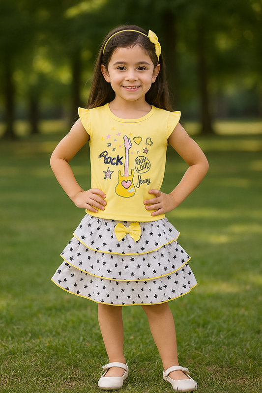 Girls Printed T-Shirt And Polka Dot Printed Skirt