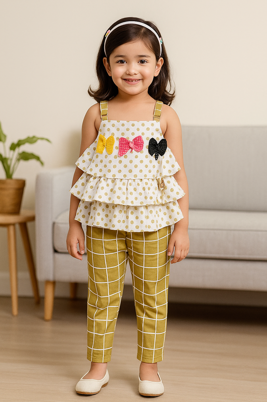 Girls Polka Dot Layered Top and Checkered Pants Set