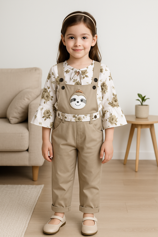 Girls Floral Printed Cotton Dungaree Set