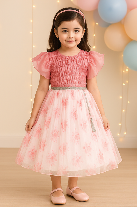 Girls Floral Rhinestone Pleated Dress