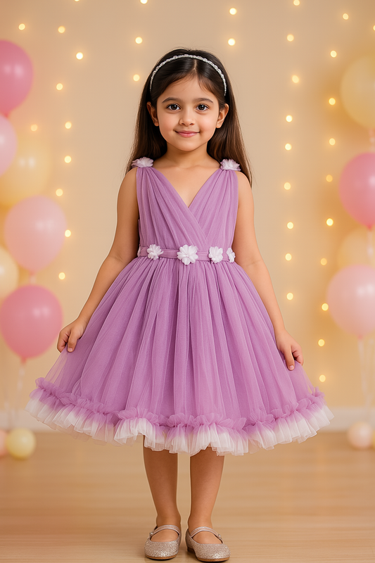 Girls Floral Net Embellished Flared Dress